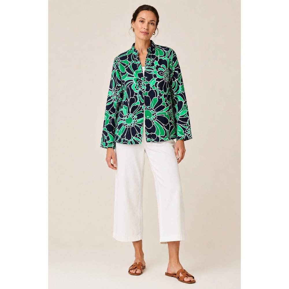 Alfred Dunner Womens Floral Quilted Jacket 8 Green Navy Blue Open Front Preppy